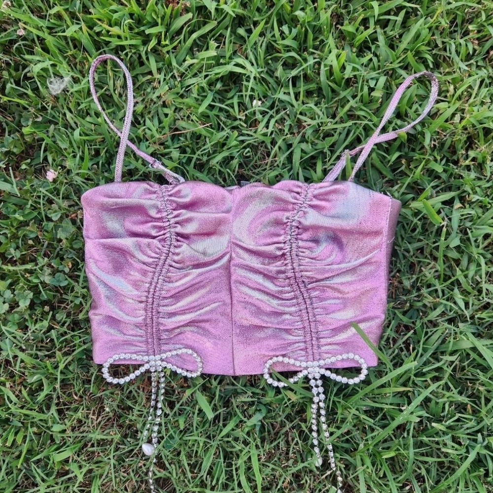 AREA Rhinestone Bow Crop Top